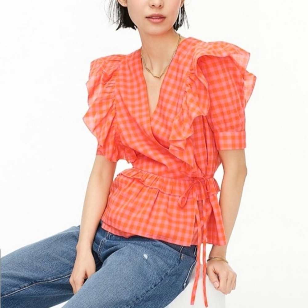J Crew Gingham Plaid Ruffle Top NWT